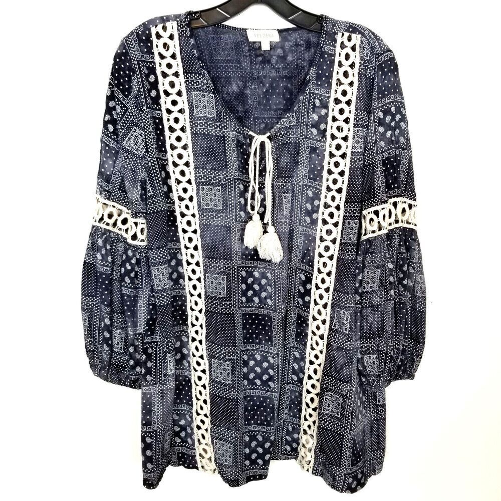 Velzera Women's Blouse Balloon Sleeve Bishop Blouse Sz M Navy Tasseled Crochet